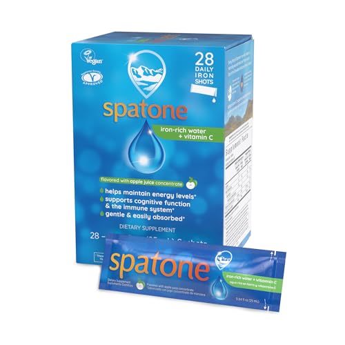 Spatone Natural Liquid Iron Supplement Plus VIT C for Women, Men & Kids Ages 4+, Ideal During Pregnancy, Easily Absorbed & Gentle, Vegan, Vegetarian, Apple Flavor, 28-Day, 5mg of Iron Per 20mL Sachet