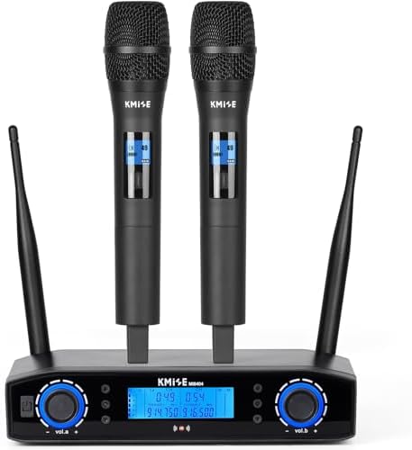 Kmise Wireless Microphone System, Dual Wireless Mics,Auto Scan & IR Pair Cordless Mic, 2x50 UHF Adjustable Frequencies for Church, DJ, Karaoke,Wedding, Party,200Ft Range
