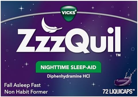 ZzzQuil LiquiCap Sleep Aid, Diphenhydramine 25mg HCl, Sleep Aids for Adults, Nighttime Sleep Aid, 72 LiquiCaps