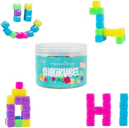 KOMARC GAMES StickiKubes, Mini Stacking Cubes That Stick to Anything, Non Toxic Kid Safe Sticky Blocks, Creative Construction Toy - 125 Cubes, 5 Neon Colors, Tub