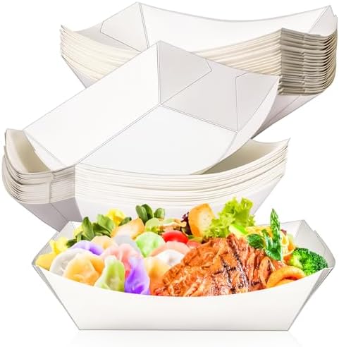 MotBach 30 Pack 5Lb Extra Large Paper Food Boats Trays Disposable Paper Boats, Heavy Duty White Food Boats, Paper Food Serving Tray Boat Plate for Snack Burger Sandwich BBQ Popcorn Taco Fries Nacho