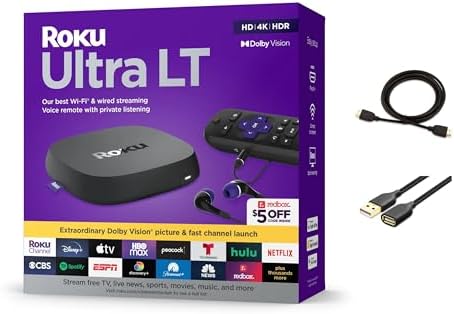 Roku Ultra LT Streaming Device, 4K-HDR-Dual Band, Wi-Fi, with Roku Voice Remote and HDMI Cable, with MTC HDMI Cable and USB Extension Cord