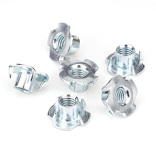 3/8"-16 T-Nuts (100 Pack), Zinc-Plated Steel Corrosion Resistant, 7/16" Barrel Length, 4-Pronged Tee Nut for Wood, Rock Climbing Holds, Cabinetry