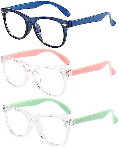 3 Pack kids Blue Light Blocking Glasses For Girls And Boys Computer Blue Light Blocking Glasses For Age 3-9 (Dark blue + Light pink +Light green)