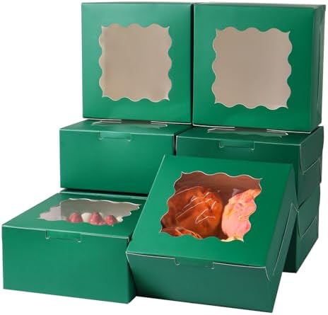 6x6x3 Inches Small Cake Box with Window, Bakery Box, Pastry Boxes, Cookie Boxes, Mini Pie Box for Pastry,Dessert,Strawberries,Chocolates, Cupcakes with paper stickers (Green/36pcs)
