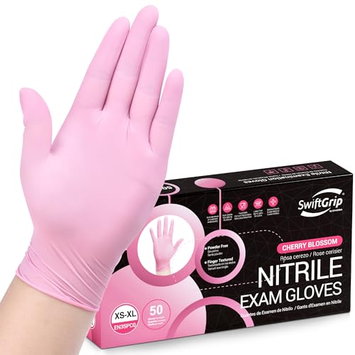 Nitrile Disposable Gloves, Medical exam Gloves Disposable Latex Free, Gloves for Cleaning & Esthetician, Pink Rubber Gloves, Pink Cleaning Gloves, Powder-Free, 50-ct Box (Small)