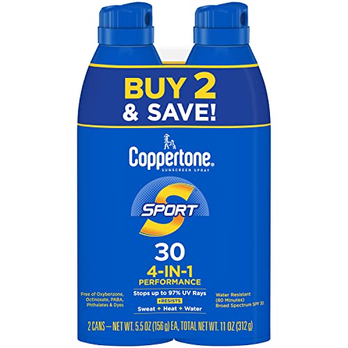 Coppertone Sport Sunscreen Spray SPF 30, Water Resistant Spray Sunscreen, Broad Spectrum SPF 30 Sunscreen, Bulk Sunscreen Pack, 5.5 Oz Bottle, Pack of 2