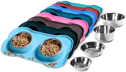 Hubulk Pet Dog Bowls 2 Stainless Steel Dog Bowl with No Spill Non-Skid Silicone Mat + Pet Food Scoop Water and Food Feeder Bowls for Feeding Small Medium Large Dogs Cats Puppies (Medium, Turquoise)