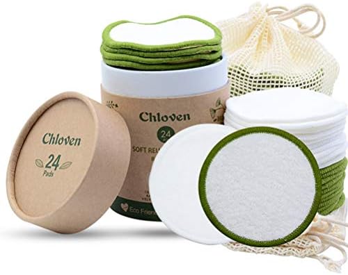 Chloven Reusable Makeup Remover Pads 24 Pack - Washable Eco-Friendly Bamboo Velour Pads for all Skin Types,Bamboo Reusable Cotton Rounds for Toner, with Cotton Laundry Bag And Round Box for Storage