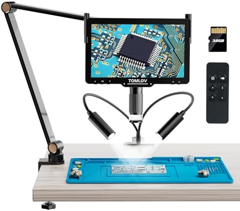 TOMLOV DM501 Pro 2K Flexible Arm Digital Microscope, 10.1" Soldering Microscope 2000X, 48MP HDMI Coin Microscope for Adults, LCD Video Flex Microscope for Electronic Repair with Polarizer Lens, 32GB