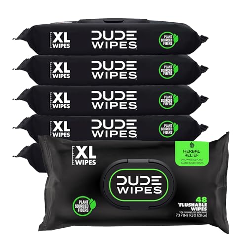 Dude Wipes - Flushable Wipes - 6 Pack, 288 Wipes - Herbal Relief Extra-Large Wet Wipes - Witch Hazel & Geranium Essential Oils - Septic and Sewer Safe Butt Wipes For Adults
