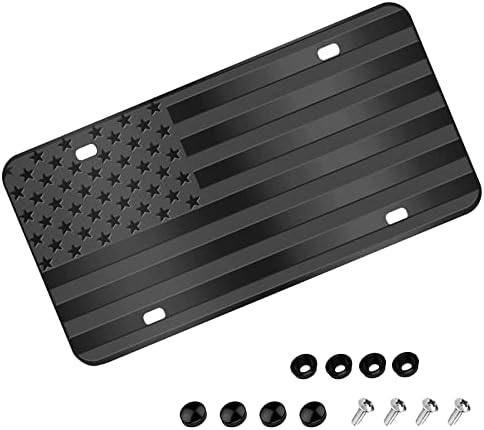 American Flag License Plate, Black Front Flag License Plates with 4 Holes,Novelty Vintage Aluminum Metal 3D Embossed US License Plate with Screws Caps, 6 * 12 inches