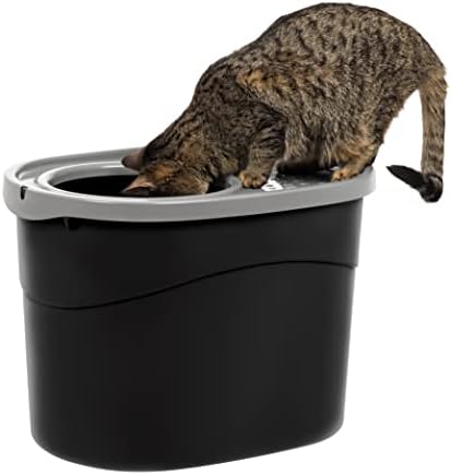 IRIS USA Cat Litter Box, Large Top Entry with Litter Catching Lid and Scoop, Dog Proof, Enclosed Cat Litter Box, Black/Gray