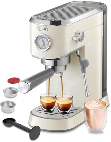 Gevi Espresso Machine 20 Bar, Professional Espresso Maker Latte Machine with Milk Frother, Stainless Steel Expresso Coffee Machines for Home, Compact Cappuccino Machine, Great Gift Choice, Beige
