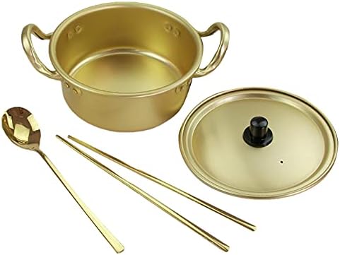 20cm Korean Ramen Cooking Pot with Spoon Chopsticks Lid Ramen Pot Fast Heating Instant Noodle Soup Korean Korean Ramen Noodle Pot Fast Heating For Kitchen Cookware(Gold)