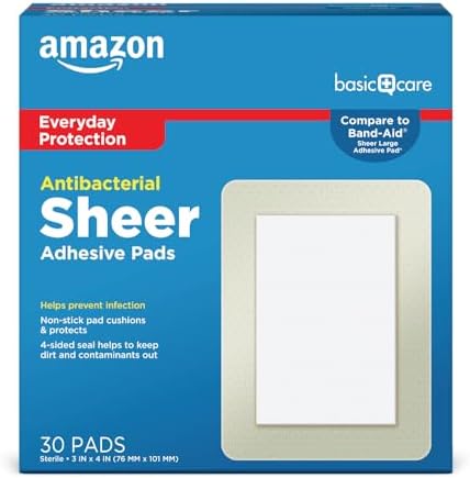 Amazon Basic Care Antibacterial Sheer Adhesive Pad Bandages, Extra Large Comfortable Non-Stick Pad, Helps Prevent Infection, First Aid & Wound Care Protection, All Skin Types, 30 Count (3x4 inches)