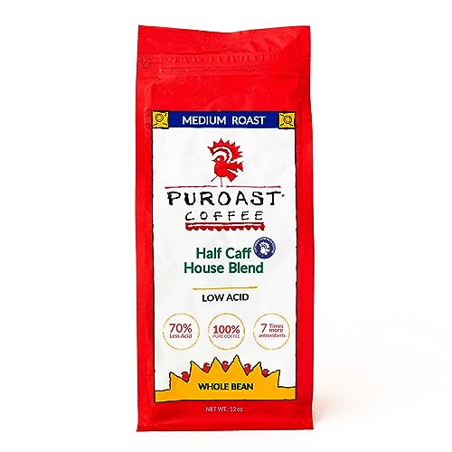 Puroast Low Acid Coffee Decaf Bean | Half Caff House Blend Whole Bean | Medium Roast | High Antioxidants & High pH |No Bitter Aftertaste | Reduced Heartburn & GERD | Suitable for Cold Brew - 2.2 LB