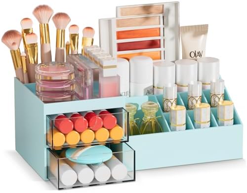 Subsky Makeup Organizer with Drawers, Easy Storage for Lipstick Brushes Eyeshadow Nail Polish, Multifunction Desk Organizer, Cosmetics Organizer for Countertop Dresser Vanity and Bathroom (Blue)