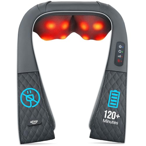 ALLJOY Cordless Massagers for Neck and Back, Rechargeable Shiatsu Shoulder and Neck Massager for Pain Relief deep Tissue with Heat, Wireless 3D Kneading Pillow Gifts for Women, Men, Mom, Dad