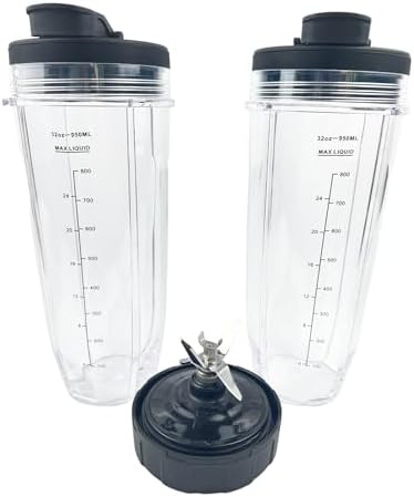 Blender Replacement Parts for Ninja 2 x 32oz Cups &2 x Lids and 7 Fins Extractor Blade Stainless Steel Bearing Compatible with Blenders Auto iQ BL480 BL482 BL642 BL682 NN102