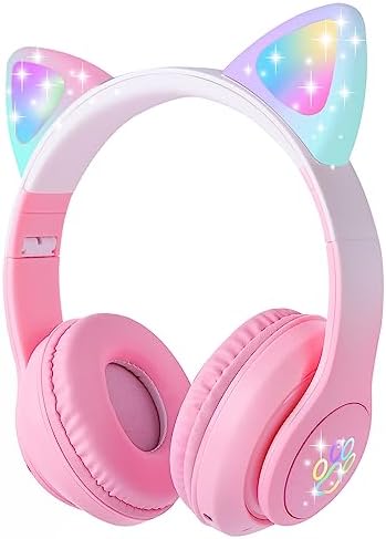 Cat Ear Kids Bluetooth Headphones for Girls Children Teens, LED Light Up Wireless/Wired Mode Foldable Stereo Girls Headphones with Built-in Mic for School Birthday Xmas Gift (Pink)