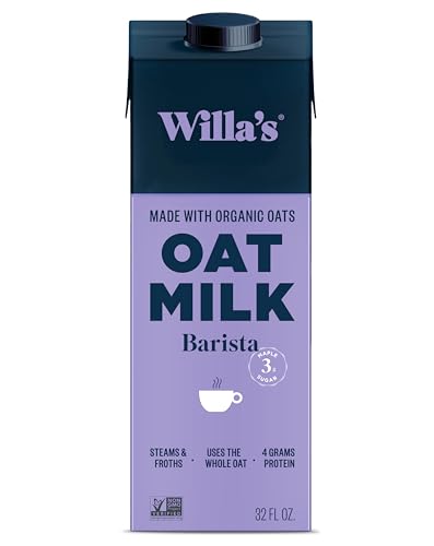Willa's Organic Barista Oat Milk - Barista Blend Unsweetened Oatmilk and Creamer, Non-GMO, Shelf Stable, Low Sugar, Non-Dairy Milk, Made from Whole Grain Oats, For Foams and Froth, 32oz, Pack of 1