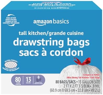 Amazon Basics Ultra-Force Tall Kitchen Drawstring Trash Bags, Lavender Scented, 13 Gallon, 80 Count, Pack of 1