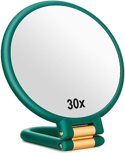 30x Magnifying Mirror, Travel Hand Mirrors with Handle - Double Side Handheld Mirror with 1X 30X Magnification & Adjustable Handle/Stand, Hand Held Foldable Travel Mirror for Makeup(Army Green)