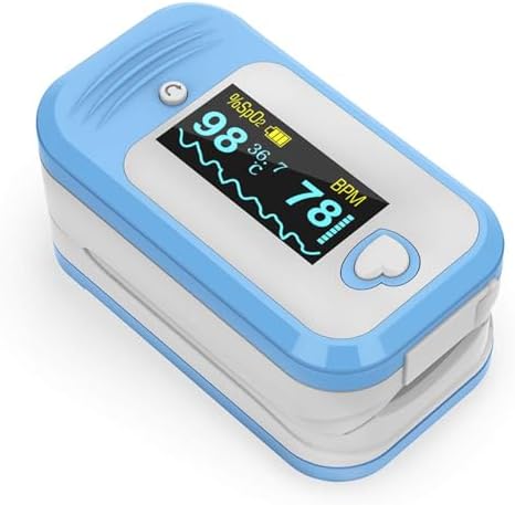 AM801 Pulse Oximeter, 5-in-1 Finger Oxygen Monitor, Measures Blood Oxygen, Temperature, Pulse Rate, Perfusion Index, Plethysmograph, OLED Display SpO2 Oxygen Reader with Storage Pouch