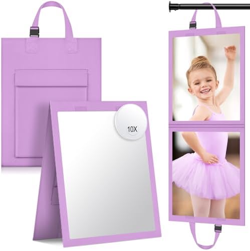 Foldable HD Backstage Hanging Dance Mirror 33" x 12.6" Portable Wall Body Mirror with a 10X mini Makeup Mirror & Adjustable handle & for Travel Dance Bag Dancer Artist Aestheticians Home Fitness Spa