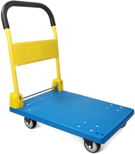 MaxWorks 50887 PP Foldable Heavy Duty Platform Truck Push Dolly 440-lbs Capacity Blue Platform with Yellow Handle - Ideal for Home Garden Office Workshop Warehouse and Moving