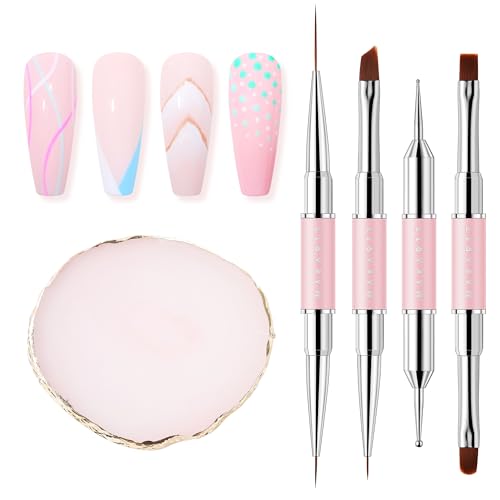 Makartt Nail Art Brushes with Palette: 4pcs Doubled-ended Nail Tool included 6/9/20mm Liner Brush Flat & Round Angled Gel Nail Brush Dotting Tools Nail Supplies for Nail Painting