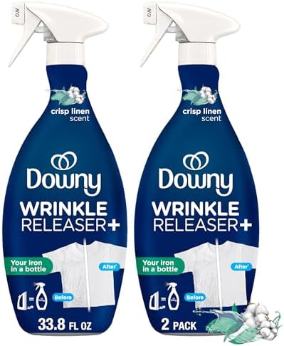 Downy Wrinkle Releaser Spray, All In One Formula, Removes Wrinkles, Static and Odor Eliminator, Crisp Linen Scent, 33.8 Fl Oz, Pack of 2 (Packaging May Vary)