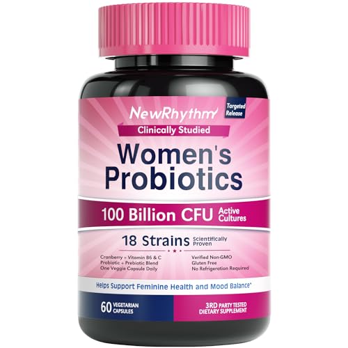 NewRhythm Probiotics for Women, P-5-P, Vitamin C & Organic Cranberry, 100 Billion CFU 18 Strains, Prebiotics & Probiotics, Vaginal Probiotics for Digestive Health & PH Balance, 60 Capsules, No Dairy