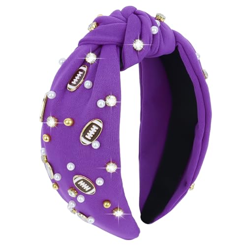 YARIEW Football Headband for Women Pearl Rhinestone Jeweled Knotted Headband Fashion Headband Wide Game Day Sports Hair Accessories Gift for Football Mom Fans Christmas (Purple)