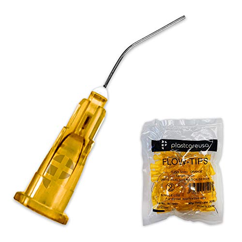 200 25 Gauge Dental Pre Bent Dispensing Needle Etch Tips - Blunt Disposable Oral Irrigation Flow & Applicator Tips - (Orange) by PlastCare USA