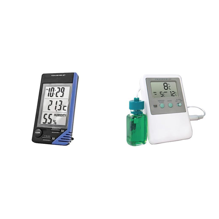 TRACEABLE - AO-90080-06 Traceable Thermometer with Clock, Humidity Monitor, and Calibration & Traceable Calibrated Fridge/Freezer Digital Thermometer; 1 Bottle Probe