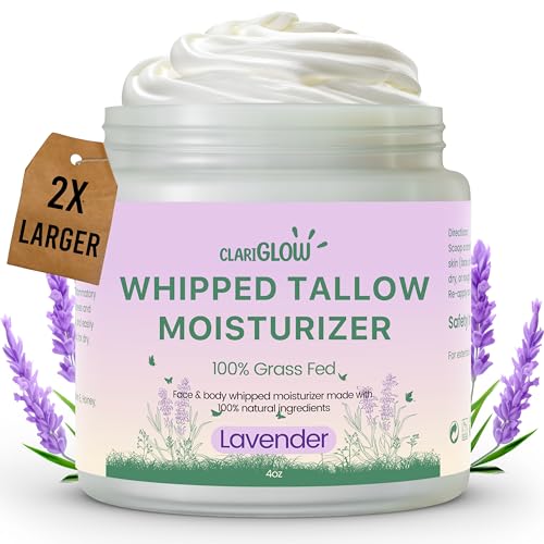 Whipped Beef Tallow Face Moisturizer | 100% Grass Fed Beef Tallow Skin Face Balm Cream | Lotion Balm Body Moisturizer with Honey & Lavender | 4 oz | Natural Skin Care