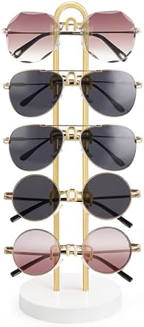 Mkono Sunglasses Organizer Glasses Holder Stand Sunglass Storage Eyeglasses Rack Metal Frame with Wood Base for 5 Pairs of Eyewear Display for Table Desk Countertop Dresser Bedroom, Set of 1, Gold