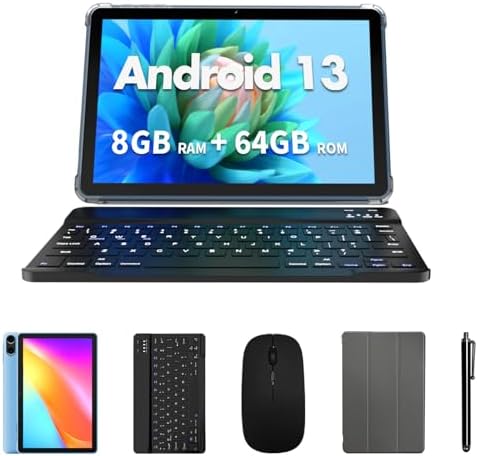 2 in 1 Android 13 Tablet, 10 Inch Tablets with Keyboard, Octa-Core Processor, 8GB(4+4) RAM 64GB ROM(1TB Expand), Daul Camera, IPS HD Display, WiFi 6, 6000mAh Battery (Blue)