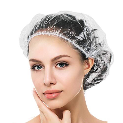 Auban 100PCS Disposable Shower Caps Individual Packing, Plastic Clear Hair Cap Large Thick Waterproof Bath Caps for Women, Hotel Travel Essentials Accessories Deep Conditioning(19.3")