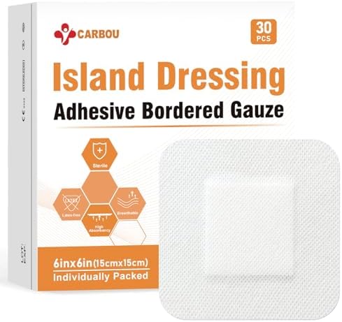 [6''x6''-30count]Carbou Island Dressing Bordered Gauze Sterile Individually Wrapped Gauze Pads,Highly Absorbent Adhesive Dressing Pad,Soft and Breathable Wound Dressing for Wound Care