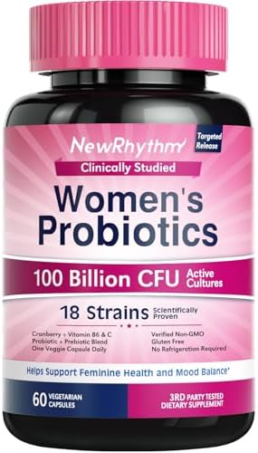 NewRhythm Probiotics for Women, P-5-P, Vitamin C & Organic Cranberry, 100 Billion CFU 18 Strains, Prebiotics & Probiotics, Vaginal Probiotics for Digestive Health & PH Balance, 60 Capsules, No Dairy