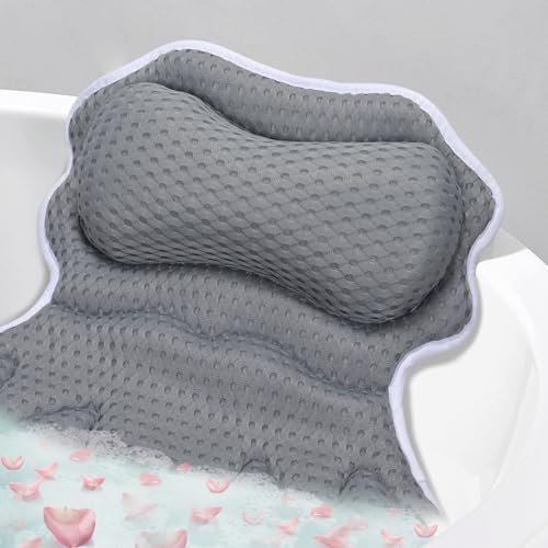 SetSail Bath Pillow, Relaxing Bath Pillows for Tub Neck and Back Support Soft 4D Breathable Air Mesh Ergonomic Bathtub Pillow with 6 Strong Suction Cups and Hook Luxury Bathroom Accessories,Grey