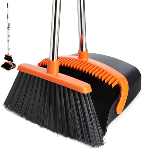 Broom and Dustpan Set with Long Handle, Light Weight Stainless Steel Poles Stand Upright Dustpans with Broom Combo for Home Kitchen Office Pet Dog Hair, Black & Orange Color, 1-Pack