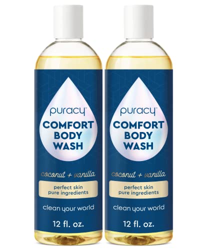 Puracy Body Wash, Natural Body Wash, 98.6% Pure Plant Ingredients, Moisturizing Shower Gel for Women Men Kids, Body Soap for Dry Sensitive Skin. Gently Scented with Coconut & Vanilla 12 Oz (2-Pack)