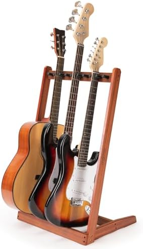 Guitar Stand for Multiple Guitars, Mahogany Wood Multi Guitar Stand for 3 Acoustic, 5 Electric or Bass, 5 Guitars Rack for Men, Wooden Floor Guitar Rack Holder Display for Home, Studio