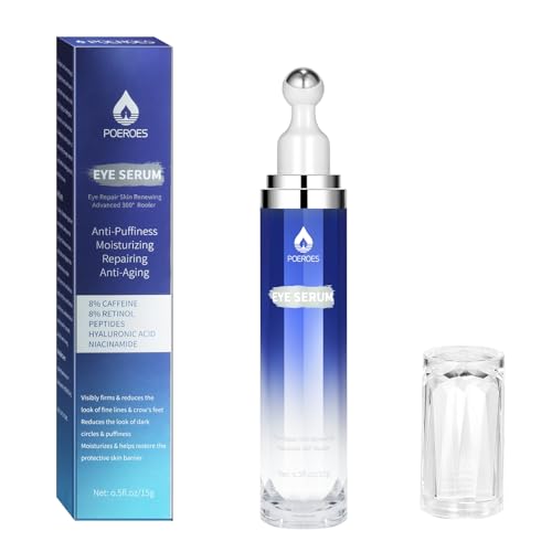 Eye Serum with 8% Caffeine 8% Retinol Hyaluronic Acid Niacinamide peptides for Puffy Eye Bags Fine Lines Dark Circles Wrinkles, Under Eye Cream with 360° Eye Roller Massage Ball, 0.5 fl. oz