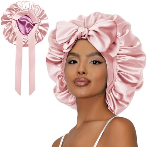 Double Layer Satin Bonnet with Tie Satin Lined Sleep Cap Hair Cover for Women's Curly Natural Hair