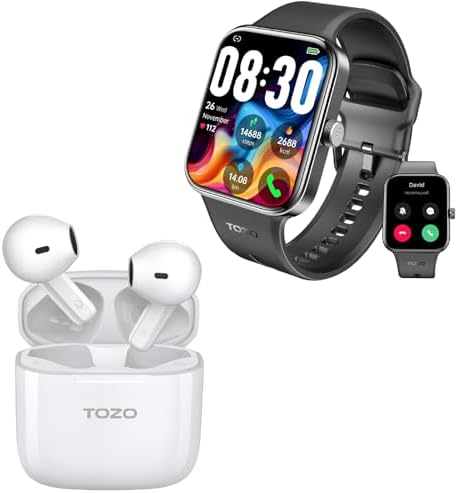 TOZO S4 AcuFit One Smartwatch 1.78-Inch Call/Answer Fitness Tracker Black + A3 Wireless in-Ear Headphones White